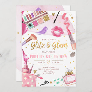 Invitación Glitz Glam Glamor Spa Fiesta Chica Makeup Cumpleañ