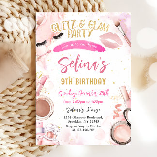 Invitación Glitz Glam Glamor Spa Fiesta Chica Makeup Cumpleañ