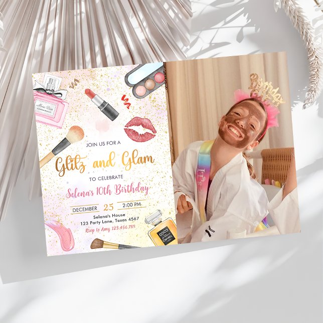 Invitación Glitz Glam Glamour Spa Fiesta Makeup Foto de cumpl (Subido por el creador)
