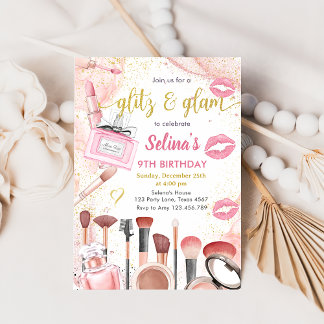 Invitación Glitz Glam Glamour Spa Fiesta Makeup Rosado Cumple