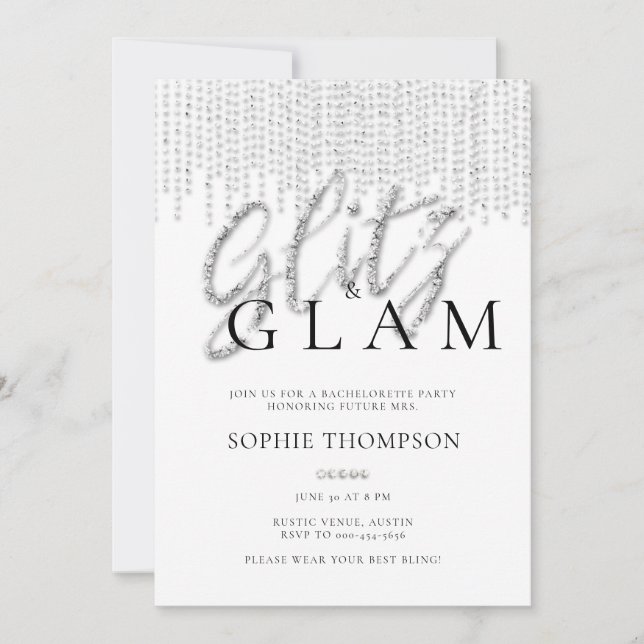 Invitación Glitz Glam Purpurina Dris Elegante Bachelorette (Anverso)