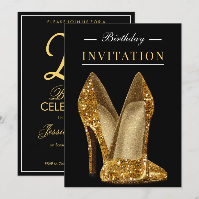 Invitación Glitz & Glamour Oro 25 Cumpleaños (Anverso / Reverso)