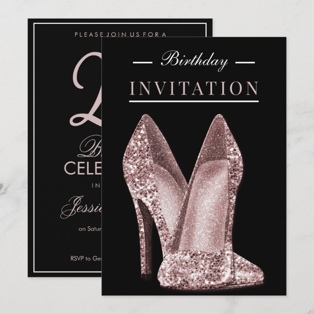 Invitación Glitz & Glamour Rosa Dorado Cumpleaños 25 (Anverso / Reverso)
