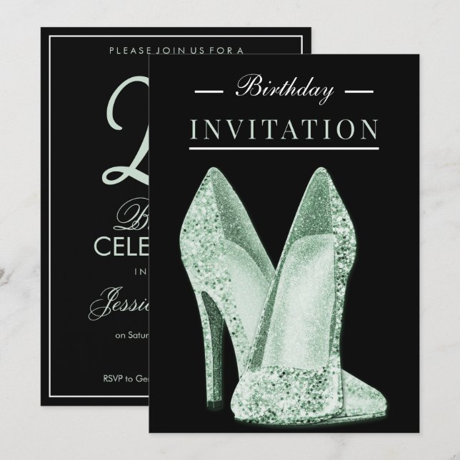 Invitación Glitz & Glamour Verde 25 Cumpleaños (Anverso / Reverso)