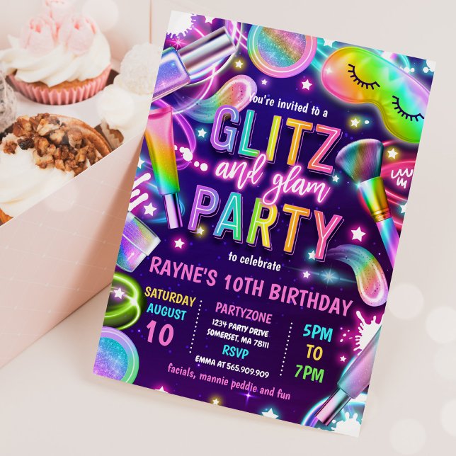 Invitación Glitz Y Glam Glow Neon Spa Makeup Fiesta De Cumple (Subido por el creador)