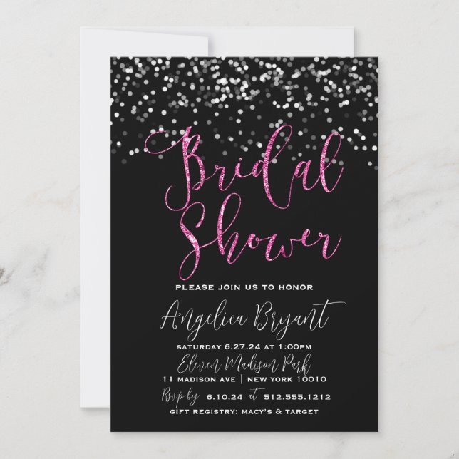 Invitación Glitz y Glam Pink and Black Bokeh (Anverso)