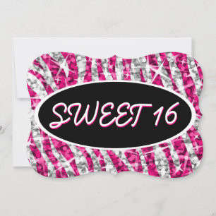 Invitación Glitz Zebra Rosa 'Sweet 16' soporte ovalado negro