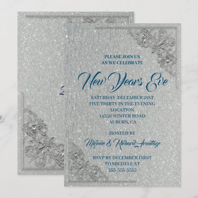 Invitación Glitzy Año Nuevo Eve (Anverso / Reverso)