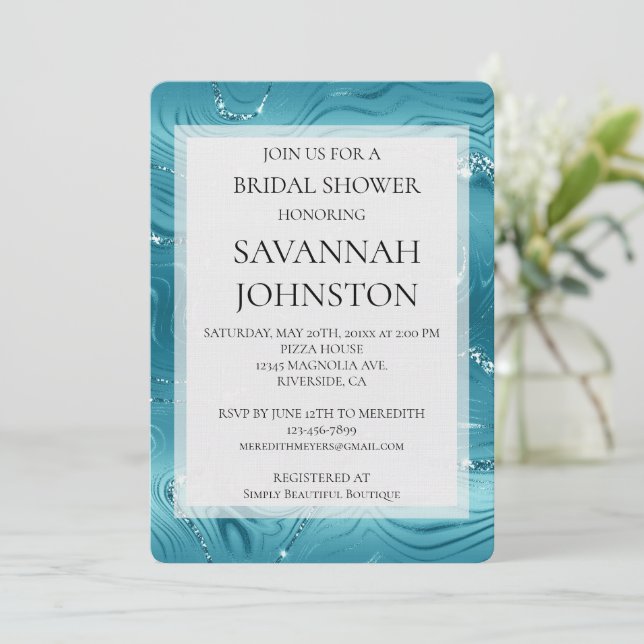 Invitación Glitzy Aqua Blue Turquoise Marble Brige ducha (Anverso de pie)