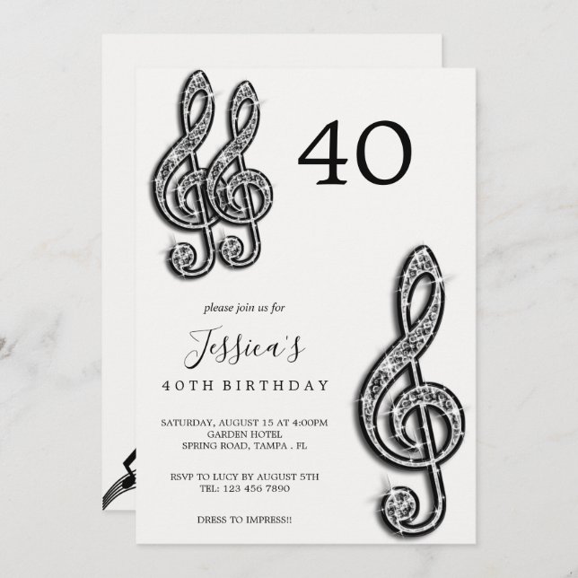 Invitación Glitzy Black Music Notes Birday (Anverso / Reverso)
