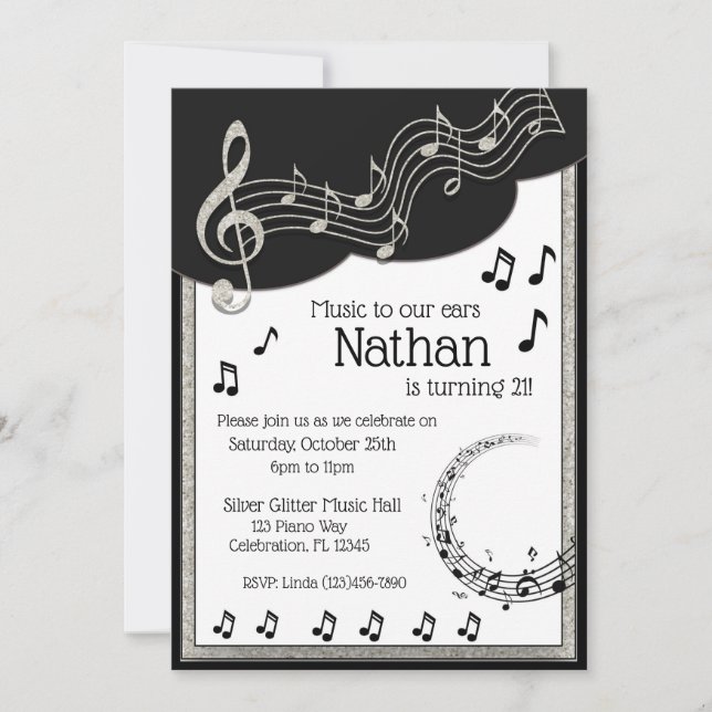 Invitación Glitzy Black & White Musical Notes Birday (Anverso)