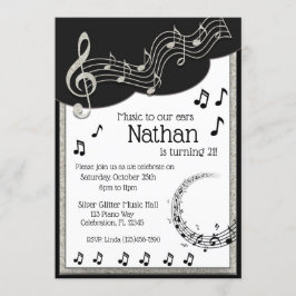 Invitación Glitzy Black & White Musical Notes Birday