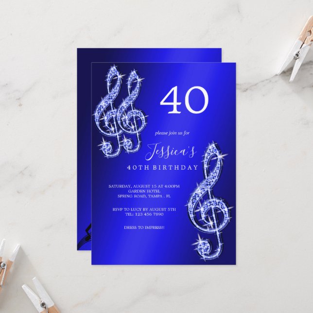 Invitación Glitzy Blue Music Notes Birthday (Anverso/Reverso In Situ)