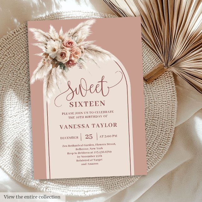Invitación Glitzy Boho Arco Pastel Rosa Pampas Floral Diecisé (Glitzy Boho Arch Pastel Pink Pampas Floral Sixteen)