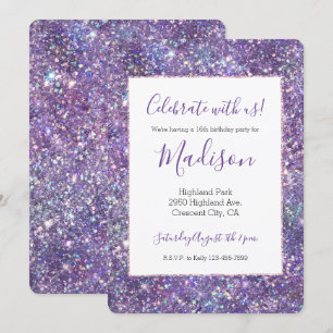 Invitación Glitzy Girly Glam Purple Sparkle Purpurina