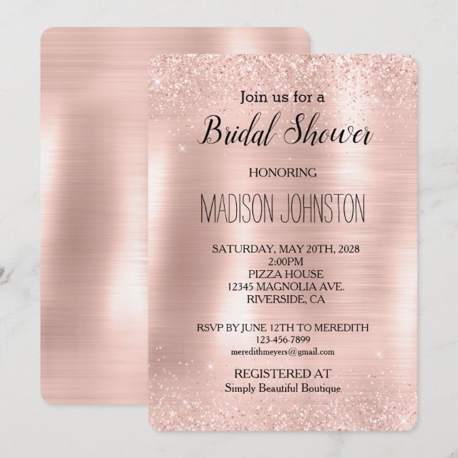 Invitación Glitzy Glam Rubor Purpurina rosa ducha de novia (Anverso / Reverso)