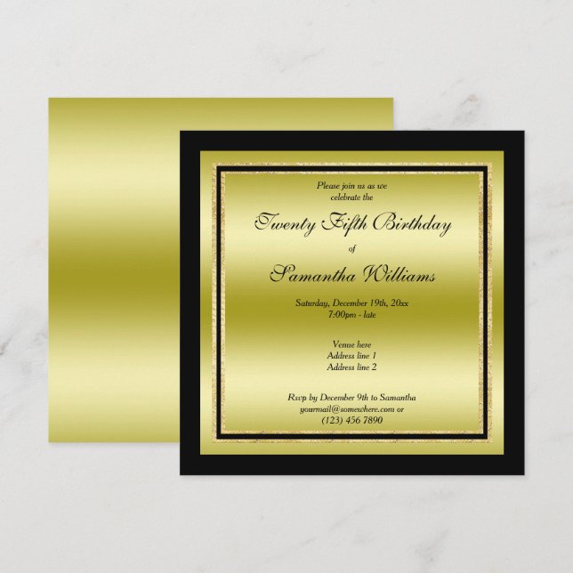 Invitación Glitzy Gold & Black Framed Birday (Anverso / Reverso)