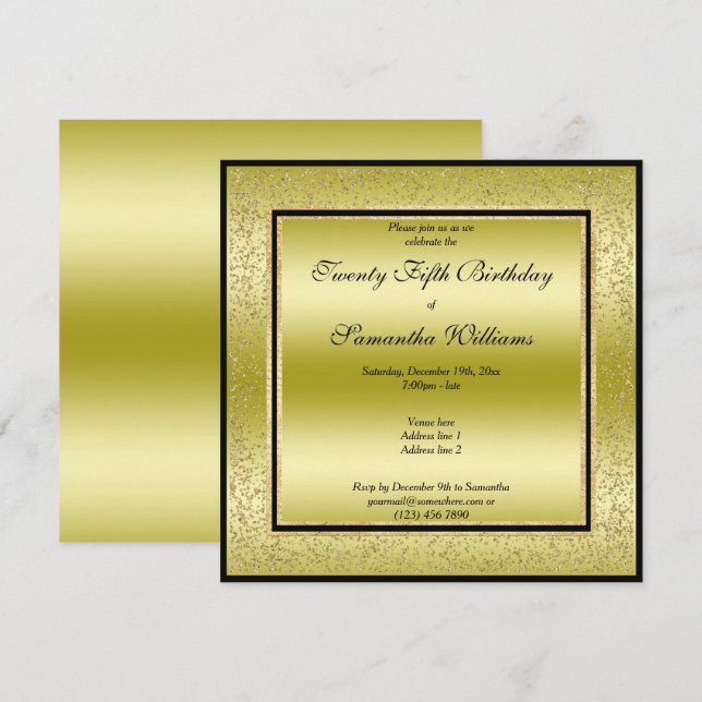 Invitación Glitzy Gold & Black, Gold Purpurina Frame Cumpleañ (Anverso / Reverso)