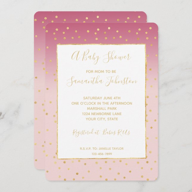 Invitación Glitzy Gold Confetti Ombre Rosa Baby Shower (Anverso / Reverso)