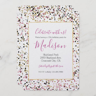 Invitación Glitzy Gold Pink Black Confetti Dots Cumpleaños