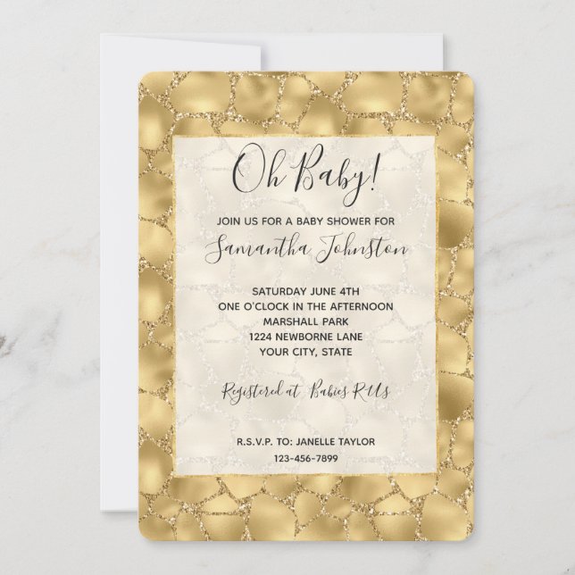 Invitación Glitzy Gold Purpurina Giraffe Imprimir (Anverso)