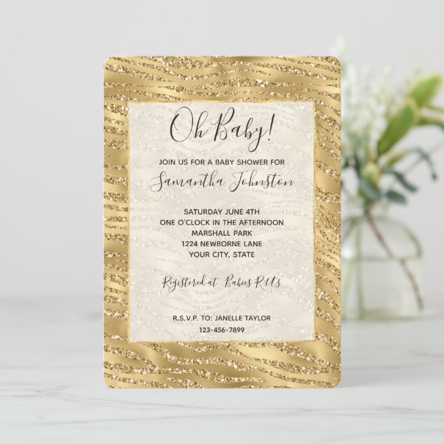Invitación Glitzy Gold Purpurina Zebra Baby Shower (Anverso de pie)