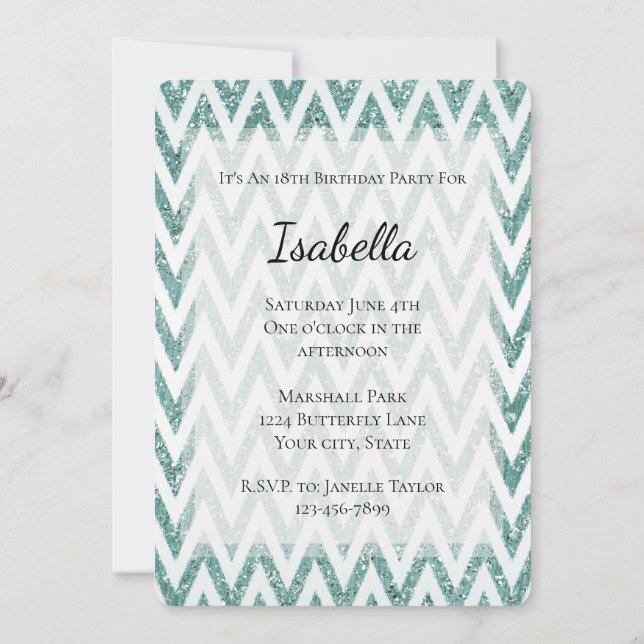 Invitación Glitzy Green Emerald Mint Zigzag Stripes (Reverso)
