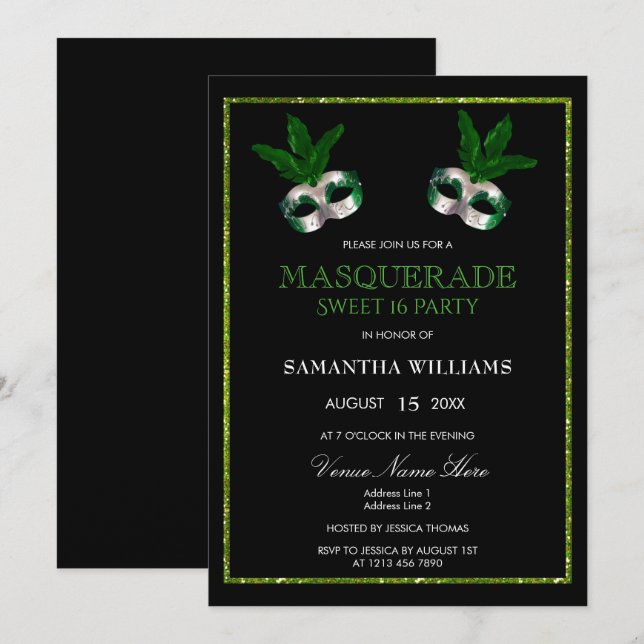 Invitación Glitzy Green Glitters Mascarada Dulces 16 (Anverso / Reverso)