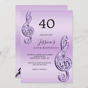 Invitación Glitzy Lilac Music Notes Birthday