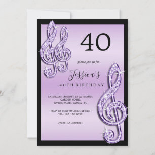 Invitación Glitzy Lilac Music Notes Birthday