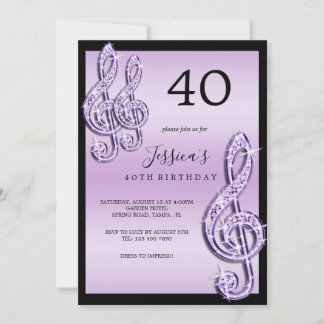 Invitación Glitzy Lilac Music Notes Birthday