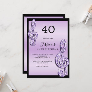Invitación Glitzy Lilac Music Notes Birthday