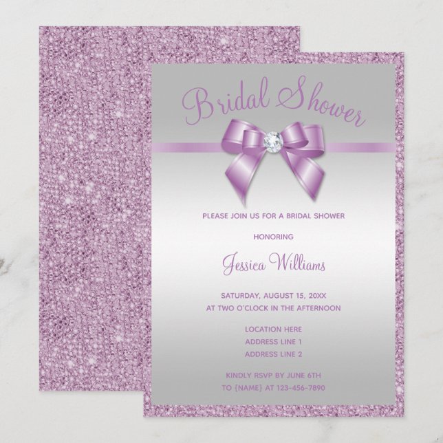 Invitación Glitzy Lilac Sequins & Gem Bow Bridal Shower (Anverso / Reverso)