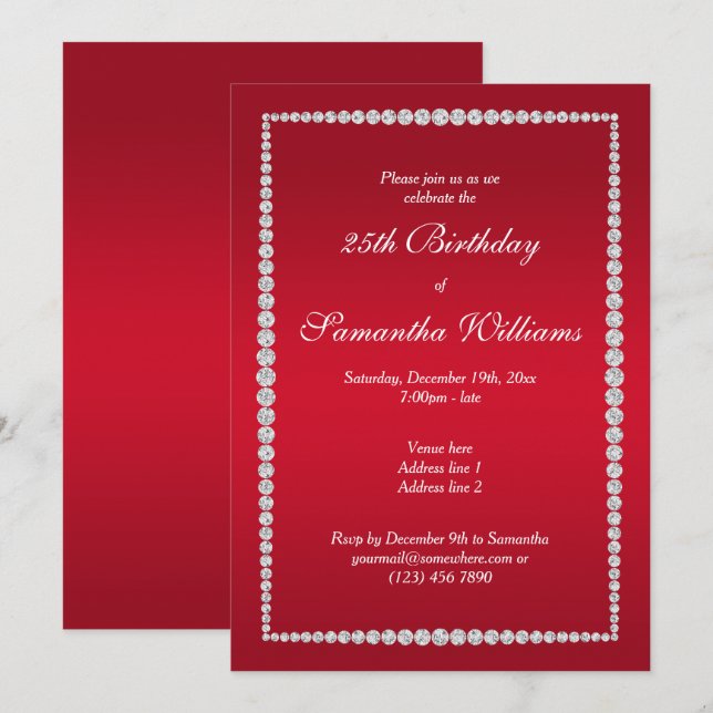 Invitación Glitzy Marco de diamante y cumpleaños rojo rubí (Anverso / Reverso)