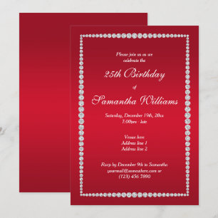 Invitación Glitzy Marco de diamante y cumpleaños rojo rubí