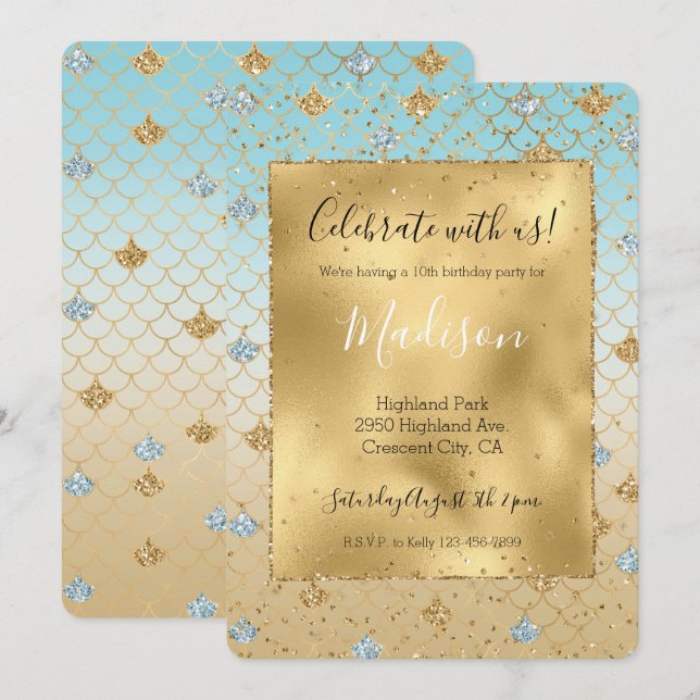 Invitación Glitzy Mermaid Blue Gold Sparkle Purpurina Ombre (Anverso / Reverso)