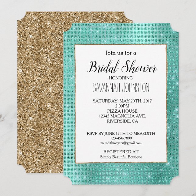 Invitación Glitzy Moda Mint Green Sparkle Bridal Shower (Anverso / Reverso)