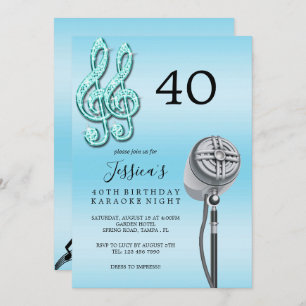 Invitación Glitzy Music Note y micrófono Karaoke Cumpleaños e