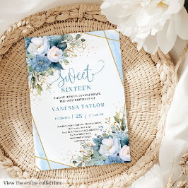 Invitación Glitzy Pastel Azul Flores de Oro Blanco Dulce 16