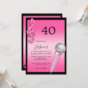Invitación Glitzy Pink Music Notes y Micro Karaoke Cumpleaños