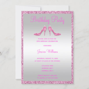 Invitación Glitzy Pink Sequins y Stilettos 25º cumpleaños