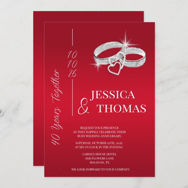 Invitación Glitzy Posh 40° Aniversario del Boda de Ruby (Anverso / Reverso)