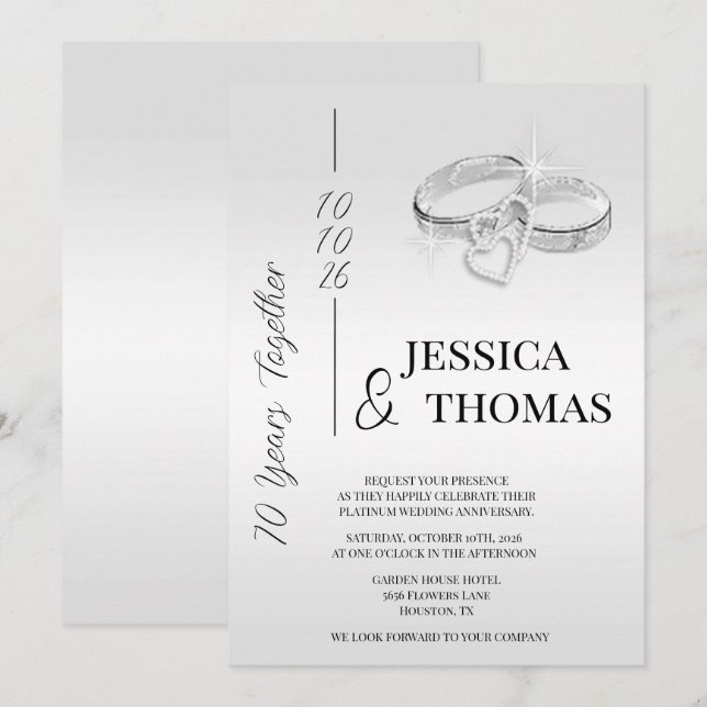 Invitación Glitzy Posh 70° Aniversario del Boda Platino (Anverso / Reverso)