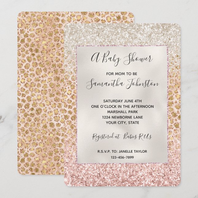 Invitación Glitzy Purpurina rosa de impresión de Leopardo de  (Anverso / Reverso)