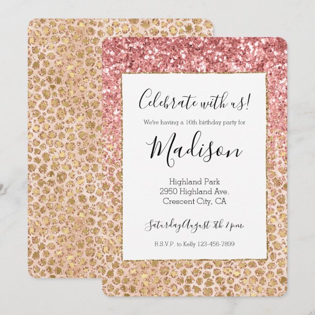 Invitación Glitzy Purpurina rosa de impresión de Leopardo de  (Anverso / Reverso)
