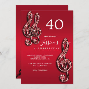 Invitación Glitzy Red Music Notes Birday