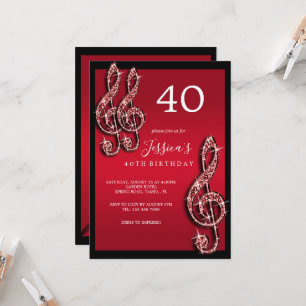 Invitación Glitzy Red Music Notes Birday