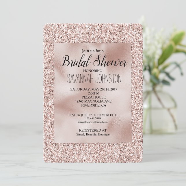 Invitación Glitzy Rubor Purpurina rosa ducha de novia (Anverso de pie)