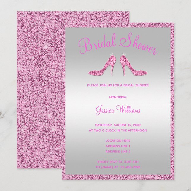Invitación Glitzy Secuencias rosas y Stilettos Ducha de Novia (Anverso / Reverso)
