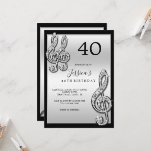 Invitación Glitzy Silver Music Notes Birday
